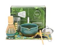 Minicoco 7 Pcs Matcha Set,Matcha Whisk Set - Ceramic Matcha Bowl,Handmade Bamboo Whisk with Chasen Holder,Sifter,Bamboo Scoop,Complete Matcha Kit for Ceremony Matcha Whisk, Gift for Matcha Lover(Blue)