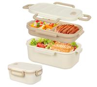 Minicoco Bento Lunch Box with Compartments 1800 ml 2 Layer Leak-Proof Bento Box Adult for Men Women, Large Capacity Breakfast Box, Bento Box for Work, School, Picnics (White)