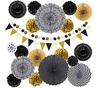 Minicoco Birthday Party Decorations - 20PCS Reusable Black & Gold Party Decoration Set, Tissue Paper Pom Poms Flower Fan for Birthday, Baby Shower, Bridal Shower, Ceiling and Backdrop Decor