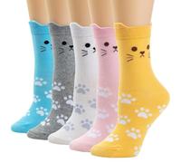 Minicoco Cat Socks Women Funky Socks Cotton Ankle Socks Animal Paw Socks Funny Cat Paws Cute Patterned Socks for Birthday Presents Socks for Mum Ladies Girls, 5 Pairs