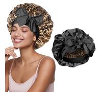 Minicoco Double-Sided Silk Satin Bonnet for Sleeping Adjustable Tie Band & Elastic Hair Wrap for Curly, Braided, Long Hair (Leopard Print/Black)