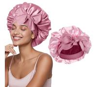 Minicoco Double-Sided Silk Satin Bonnet for Sleeping Adjustable Tie Band & Elastic Hair Wrap for Curly, Braided, Long Hair (Pink/Light Pink)