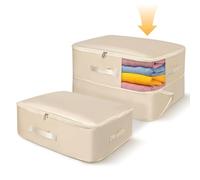 Minicoco Duvet Storage Bags with Zips Self Compression Storage Bags for Comforters, Pillows, Clothes, Bedding (Beige, 2Pcs M)
