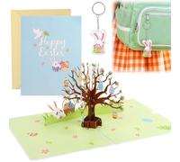 Minicoco Easter Cards with Cute Bunny Keyrings 3D Pop-up Card Easter Card with Bunny Floral & Eggs Craft Card Luxury Insert Card with Envelope Happy Easter Greeting Card for Family Friends Men Women