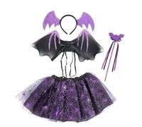 Minicoco Halloween Spider Costume Set Includes Skirt, wings Headband Wand for Cosplay and Festive Events and Materials Eye Catching Design, Playful and cute little devil (Purple Bat)