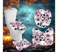 Minicoco Halloween Toilet Seat Covers Pads Funny Halloween Decorations Halloween Bathroom Set Toilet Lid Cover Set U-Shaped Toilet Rug Washable Soft Warmer Toilet Cover (Skull)