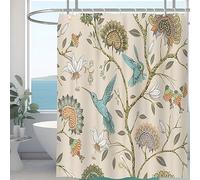 Minicoco Integrated Room Shower Curtain 100% Polyester Waterproof Mould Proof Floral Shower Curtain with 12 Hooks, 180 x 180 cm (White Flower Bird)