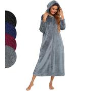 Minicoco Ladies Dressing Gown Fleece Zip Through Robe Fluffy Super Soft Hooded Bathrobe Ladies Thick Flannel Housecoat Warm Fluffy Sherpa Bathrobe with Hood, Pockets | Gifts for Women