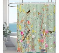 Minicoco Mould Proof Resistant Wet Room Shower Curtain 100% Polyester Waterproof Bathroom Curtain Floral Scenery with 12 Hooks, 180 x 180 cm (Butterfly Bird Flower)