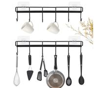 Minicoco Self-Adhesive Wall Hooks 6 Pack, Heavy Duty Black Kitchen Rail with Sticky Hangers for Utensils, Towels & Hats, Waterproof Multi-Surface Hooks for Bathroom/Bedroom/Door (No Drill, 5kg Load)