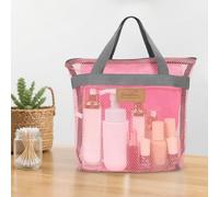 Minicoco Shower Caddy Bag with Hanging Hook Large Mesh Toiletry Organiser, Quick Dry Portable Tote for Gym, Swimming Pool & Travel Foldable, Waterproof Base (Pink)
