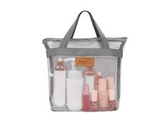 Minicoco Shower Caddy Bag with Hanging Hook Large Mesh Toiletry Organiser, Quick Dry Portable Tote for Gym, Swimming Pool & Travel Foldable, Waterproof Base (Grey)