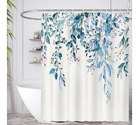 Minicoco Shower Curtain Green Shower Curtains Mould Proof Resistant Waterproof Shower Curtain 100% Polyester Bathroom Shower Curtains with 12 Hooks, 180 x 180 cm (Blue Leaves)