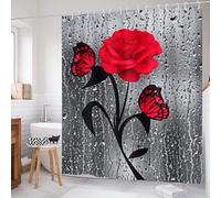 Minicoco Shower Curtain Mould Proof Curtain Mildew Resistant Waterproof Shower Curtain 100% Polyester Curtain for Bathroom with 12 Hooks, 180 x 180 cm (Red Rose)