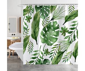 Minicoco Shower Curtain Mould Proof Mildew Resistant Bathroom Shower Curtains Waterproof Shower Curtain 100% Polyester Green Shower Curtains with 12 Hooks, 180 x 180 cm (Tropical Rain Forest)