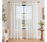 Minicoco White Voile Curtains with Embroidered leaf Pattern, Light Filtering, Rod Pocket Semi Transparent Curtains & Drapes for Bedroom Living Room Kitchen, 2 Panels 54 x 84 Inch
