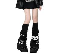 Minicoco Winter Knitted Leg Warmers for Women, Thigh High Y2K Kawaii Socks, Japanese Lolita Style Crochet Lace Design (Star & Skull Pattern)