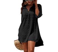 Minicoco Women Beach Cover Up Button Down Chiffon Shirt Dress Swimsuit | 3/4 sleeve, Swiss dot pattern, lightweight chiffon, beach to casual, machine washable