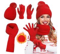 Minicoco Women's 3 in 1 Winter Beanie Set with Warm Long Scarf, Thick Pom Hat and Touch Screen Gloves for Outdoor Sports, Skiing (Red)