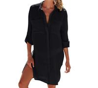Minicoco Women's Beach Cover Up Bikini Cardigan Chiffon Swimsuit Beach Dress Beachwear with Pocket Button Beach Shirt V Neck 3/4 Sleeve Bikini Coverups Slimming Swimwear (Acrylic, Black)