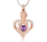 Minicremation Cremation Jewelry for Ashes Rose Flower Heart Necklace for Women Girl Birthstone Memorial Keepsake Jewelry Urn Pendant, Stainless Steel, Zircon