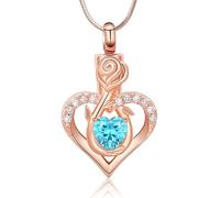 Minicremation Cremation Jewelry for Ashes Rose Flower Heart Necklace for Women Girl Birthstone Memorial Keepsake Jewelry Urn Pendant, Stainless Steel, Zircon