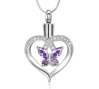 Minicremation Cremation Jewelry Heart Urn Necklace Ashes for Women infinitely Cremation Jewellry Birthstone Locket Crystals Ash Loved One Memorial Pendant (Butterfly-Purple)