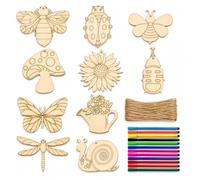 Minifactory 72Pcs Insect Wooden Crafts Set 30 Blocks 12 Watercolour Pencils 30 Strings for Painting