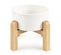 Minifactory Ceramic Raised Cat Bowl with Bamboo Stand, Elevated Cat Food and Water Bowl, Adjustable Height Pet Feeding Bowl, Anti Vomiting Cat Dish, Non Slip Bowl for Cats and Small Dogs (White, M)