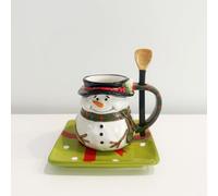 Minigift Ceramic Christmas Tea Cup and Saucer Set ，220ML(7.5OZ) 3D Hand-painted Christmas Snowman Coffee Mug，Rectangular Saucer, Spoon