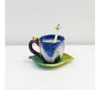 Minigift Ceramic Hand-painted Pansy Ltalian Espresso Cup Saucer Set, 3D Flower with Butterfly Spoon Design, 90ml/3Oz (Blue)