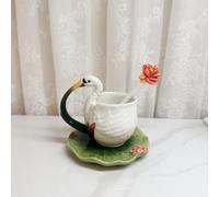Minigift Ceramic Tea Cup and Saucer Set ，6OZ 3D Hand-painted Swans and Lotus Leaves Coffee Mug，Gift for Women