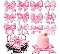 MiniInflat 12 Pcs Pink Bow Diamond Painting Art Coasters with Holder Drink Diamond Painting Kit for Beginners Adults Art Supplies Craft Decoration Table Home Office Kitchen Party (Bow Shape)