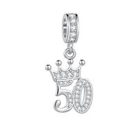 MiniJewelry Celebration Tiara Crown 50 Birthday Number Dangle Charm fits Pandora Charms Bracelets Gift Love Women Clear Cubic Zirconia Family Cubic Zirconia Silver