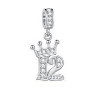 MiniJewelry Celebration Tiara Crown Tiara Crown 12 Birthday Number Dangle Charm fits Pandora Charms Bracelets Gift Love Women Clear Cubic Zirconia Family Cubic Zirconia Silver