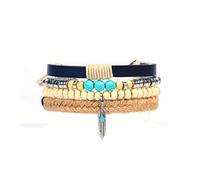 MiniJewelry Feather Turquoise Beads Braided Leather Wrap Bracelet for Men Women Adjustable 4PCs Hemp Rope