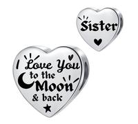 MiniJewelry Sister Silver Heart Charm fit Pandora Charms Bracelets I Love You to the Moon and Back Birthday Bead Gift for Women Stainless Steel