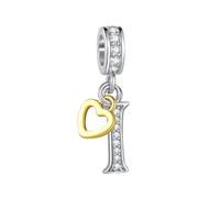 MiniJewelry Two-Tone Capital Initial I Letter Rose Gold Heart Danngle Charm fits Pandora Charms Bracelets Gift Love Women Birthday Alphabet Name