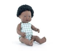 Miniland Baby Doll African Boy 38cm. Made in Spain with vanilla scent. Anatomically correct. My Friends & Me collection