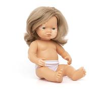 Miniland: Caucasian dark blonde baby doll with vitiligo, 38cm, handmade in Spain in soft vinyl Dolls.