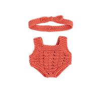 Miniland Dolls: Knitted Doll outfit 21cm - Rompers & Headband, made of recycled materials, for 21cm Baby doll. Model: Rompers & Headband in coral.