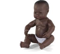 Miniland newborn doll African boy without underwear is soft vinyl, resilient an