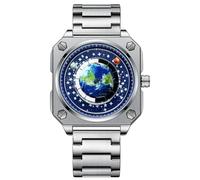 MINILUJIA 30M Waterproof Men World Map Watches Creative Wristwatch with Earth Globe Moon Sun Rotating Eye catching Cool Unique Square Dial Mens Watches with Watch Box, silver stainless steel band