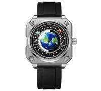 MINILUJIA 30M Waterproof Men World Map Watches Creative Wristwatch with Earth Globe Moon Sun Rotating Eye catching Cool Unique Square Dial Mens Watches with Watch Box, black silicone band, unique