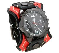 MINILUJIA Handmade Men Watches with Wax Rope Sewn Vintage Punk Hip-Hop Gothic Wide Genuine Soft Leather Cool Cuff Wristwatch Personalized Watch Square Bronze Dial, black+red