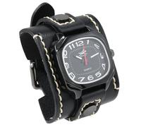 MINILUJIA Handmade Men Watches with Wax Rope Sewn Vintage Punk Hip-Hop Gothic Wide Genuine Soft Leather Cuff Man Watch Suqare Quartz Personalized Watch Big Dial, black