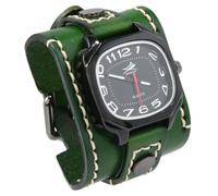 MINILUJIA Handmade Men Watches with Wax Rope Sewn Vintage Punk Hip-Hop Gothic Wide Genuine Soft Leather Cuff Man Watch Suqare Quartz Personalized Watch Big Dial, green