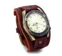 MINILUJIA Handmade Vintage Retro Punk Men Wrist Watch Bronze Dial Wide Genuine Leather Band Cuff Quartz Man Watches for Halloween, brown, men's Standard, Quartz Watches