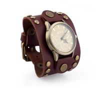 MINILUJIA Men's Wide Leather Casual Quartz Watch Bronze Big Dial Genuine Leather Soft Band Strap with Rivet Vintage Retro Punk, brown
