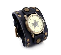 MINILUJIA Men's Wide Leather Casual Quartz Watch Bronze Big Dial Genuine Leather Soft Band Strap with Rivet Vintage Retro Punk, black